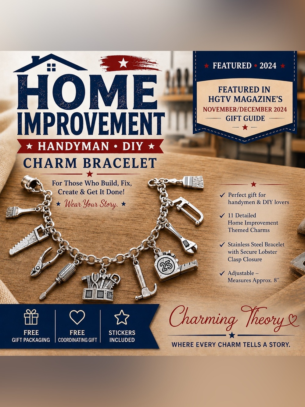 Home Improvement Charm Bracelet, Handyman Handywoman Gift, DIY Tool Jewelry